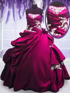 Glittering Strapless Sleeveless Quinceanera Gowns Floor Length Embroidery and Pick Ups Fuchsia Taffeta