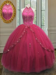Halter Top Sleeveless Beading and Appliques Lace Up Ball Gown Prom Dress