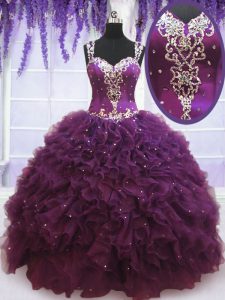 Custom Made Straps Sleeveless Zipper Ball Gown Prom Dress Purple Tulle