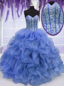 Shining Ball Gowns Quinceanera Gowns Blue Sweetheart Organza Sleeveless Floor Length Lace Up