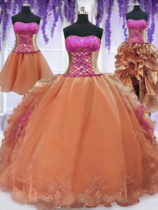 Beauteous Four Piece Floor Length Lace Up Quinceanera Dresses Orange for Military Ball and Sweet 16 and Quinceanera with