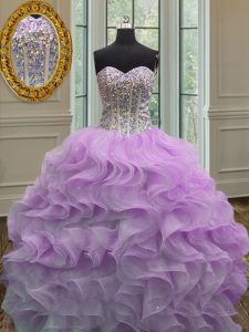 Gorgeous Lilac Lace Up Sweetheart Beading and Ruffles Sweet 16 Quinceanera Dress Organza Sleeveless