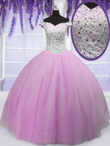 Off the Shoulder Lilac Short Sleeves Floor Length Beading Lace Up Quinceanera Dress
