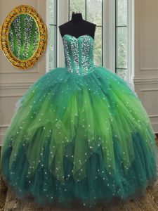 Multi-color Sleeveless Floor Length Beading and Ruffles and Sequins Lace Up Quinceanera Dress