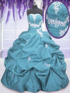 Teal Ball Gowns Appliques and Pick Ups Ball Gown Prom Dress Lace Up Taffeta Sleeveless Floor Length
