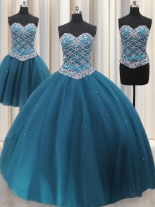 Three Piece Sweetheart Sleeveless Tulle Quinceanera Gown Beading and Ruffles Lace Up
