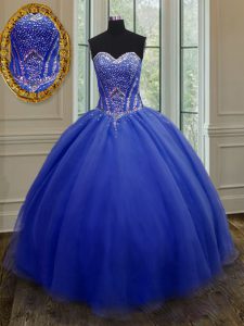 Sleeveless Floor Length Beading and Belt Lace Up Sweet 16 Dresses with Royal Blue