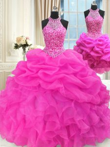 Glorious Three Piece Pick Ups Ball Gowns Quinceanera Gowns Hot Pink High-neck Organza Sleeveless Floor Length Lace Up