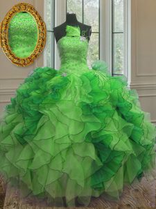 Luxury Ball Gowns Quince Ball Gowns Green Strapless Organza Sleeveless Floor Length Lace Up