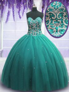 Turquoise Quinceanera Gown Military Ball and Sweet 16 and Quinceanera and For with Beading Sweetheart Sleeveless Lace Up