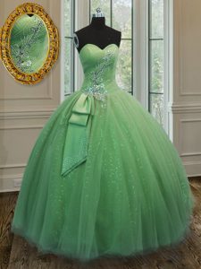 Suitable Yellow Green Ball Gowns Tulle Sweetheart Sleeveless Beading and Ruching and Bowknot Floor Length Lace Up Vestid