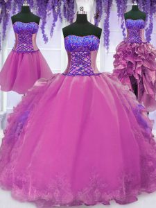 Custom Made Four Piece Lilac Lace Up Quinceanera Gowns Appliques and Embroidery Sleeveless Floor Length