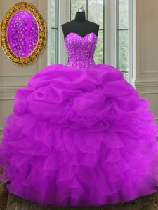 Exquisite Organza Sweetheart Sleeveless Lace Up Beading and Ruffles and Pick Ups Vestidos de Quinceanera in Fuchsia
