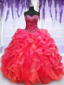 Fashionable Beading and Appliques and Ruffled Layers Quinceanera Gowns Red Lace Up Sleeveless Floor Length