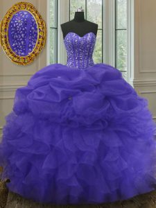 Sleeveless Floor Length Beading and Ruffles and Pick Ups Lace Up Quinceanera Gowns with Purple