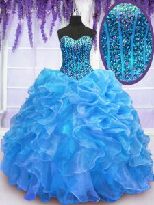Sweet Blue Sweetheart Lace Up Beading and Ruffles Quinceanera Dress Sleeveless