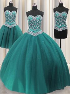 Top Selling Three Piece Floor Length Lace Up Sweet 16 Dresses Teal for Military Ball and Sweet 16 and Quinceanera with B
