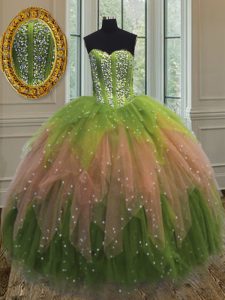 Vintage Sequins Ball Gowns Quinceanera Dress Multi-color Sweetheart Tulle Sleeveless Floor Length Lace Up