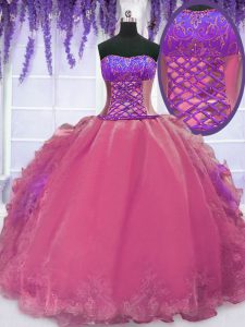 Hot Pink Strapless Lace Up Embroidery and Ruffles Quinceanera Gowns Sleeveless