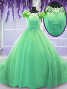 Trendy Scoop Green Short Sleeves Court Train Hand Made Flower Sweet 16 Quinceanera Dress