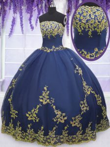 Ball Gowns 15 Quinceanera Dress Navy Blue Strapless Tulle Sleeveless Floor Length Zipper