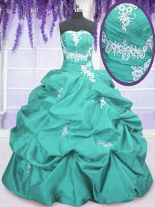 Sleeveless Floor Length Appliques and Ruching and Pick Ups Lace Up Sweet 16 Quinceanera Dress with Aqua Blue