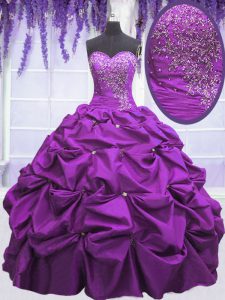 Artistic Purple Taffeta Lace Up Sweet 16 Dress Sleeveless Floor Length Appliques and Pick Ups