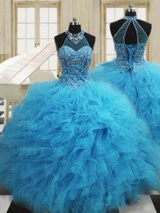 Unique Baby Blue Tulle Lace Up Scoop Sleeveless Floor Length Sweet 16 Quinceanera Dress Beading and Ruffles