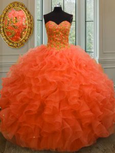 Organza Sweetheart Sleeveless Lace Up Beading and Ruffles Quince Ball Gowns in Orange Red