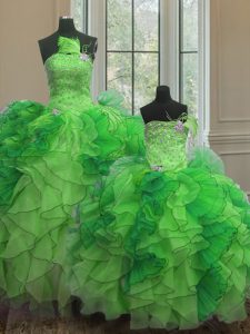 Strapless Sleeveless Quinceanera Dress Floor Length Beading and Ruffles Green Organza