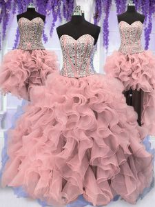 Four Piece Sweetheart Sleeveless Organza Quinceanera Dress Ruffles and Sequins Lace Up