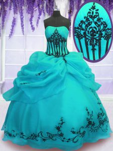 Edgy Turquoise Lace Up Quince Ball Gowns Embroidery Sleeveless Floor Length