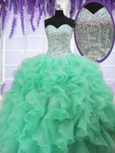 Adorable Sequins Apple Green Sleeveless Organza Lace Up Quinceanera Gown for Military Ball and Quinceanera