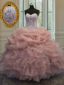 Fashionable Sweetheart Sleeveless Sweet 16 Quinceanera Dress Floor Length Beading and Pick Ups Baby Pink Organza
