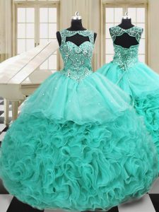 Scoop Lace Up Vestidos de Quinceanera Apple Green for Military Ball and Sweet 16 and Quinceanera with Beading and Ruffle