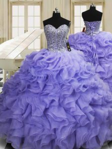 Lavender Ball Gowns Sweetheart Sleeveless Organza Sweep Train Lace Up Beading and Ruffles Quinceanera Dress