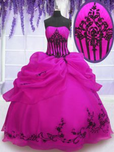 Dramatic Fuchsia Ball Gowns Organza Strapless Sleeveless Embroidery and Pick Ups Floor Length Lace Up Sweet 16 Quinceane