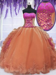 Orange Lace Up Strapless Embroidery and Ruffles Quince Ball Gowns Organza Sleeveless