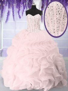 Nice Pink Organza Lace Up Quinceanera Dress Sleeveless Floor Length Beading and Ruffles