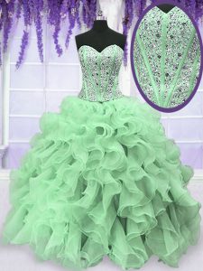 Floor Length Lace Up Quinceanera Gowns Apple Green for Military Ball and Sweet 16 and Quinceanera with Beading and Ruffl