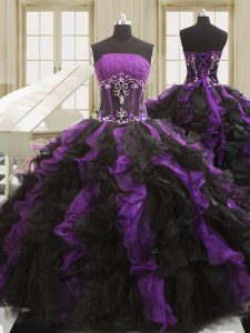 Stylish Sleeveless Floor Length Beading and Ruffles Lace Up Quinceanera Dresses with Black And Purple