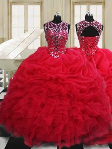 Shining Scoop Beading and Pick Ups Quinceanera Gowns Red Lace Up Sleeveless Floor Length