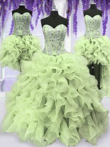 Comfortable Four Piece Sequins Floor Length Ball Gowns Sleeveless Yellow Green Quinceanera Gowns Lace Up