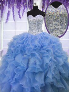 Glamorous Sleeveless Organza Floor Length Lace Up Quinceanera Dress in Blue with Beading and Ruffles