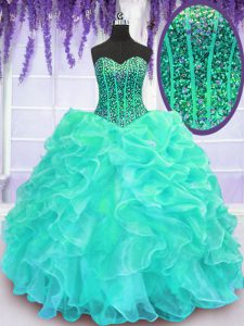 Lovely Ball Gowns 15th Birthday Dress Turquoise Sweetheart Organza Sleeveless Floor Length Lace Up