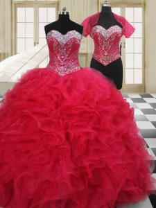 Attractive Floor Length Red Quinceanera Dress Sweetheart Sleeveless Lace Up
