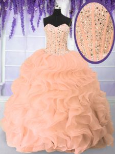 Elegant Ball Gowns Sweet 16 Quinceanera Dress Pink Sweetheart Organza Sleeveless Floor Length Lace Up