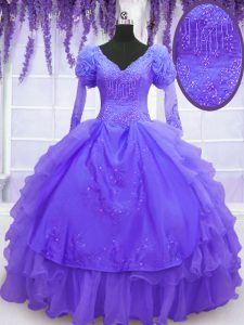 Purple Quinceanera Gowns Military Ball and Sweet 16 and Quinceanera and For with Beading and Embroidery and Hand Made Fl