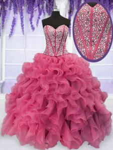 Pink Sleeveless Floor Length Beading and Ruffles Lace Up Sweet 16 Dress