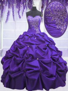 Custom Made Sleeveless Floor Length Beading and Pick Ups Lace Up Quince Ball Gowns with Purple